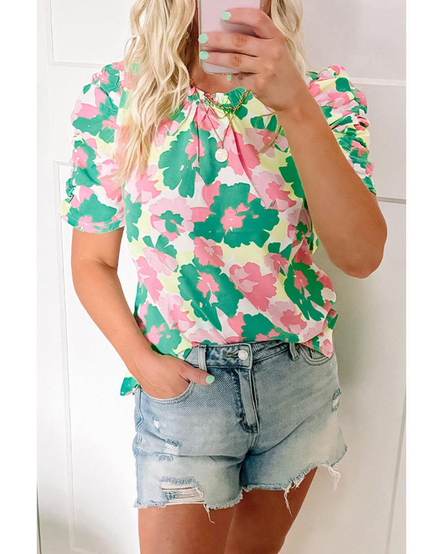 Green Abstract Print Frilly Neck Ruched Short Sleeve Blouse - S