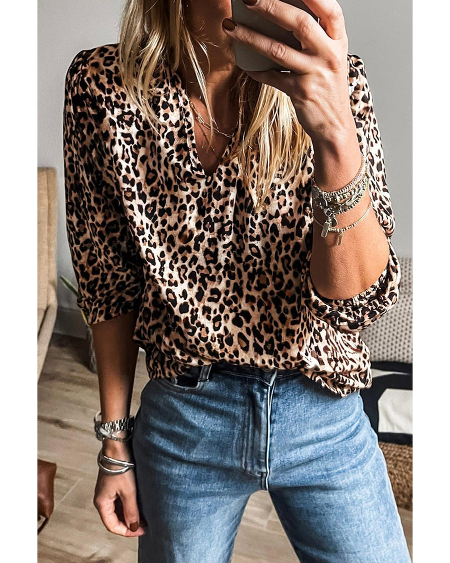 Apricot Leopard V Neck Half Sleeve Blouse - L