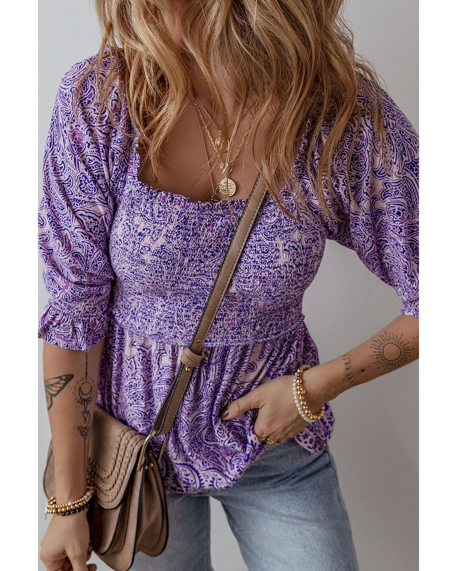 Purple Boho Paisley Print Half Sleeve Shirred Peplum Blouse - XL