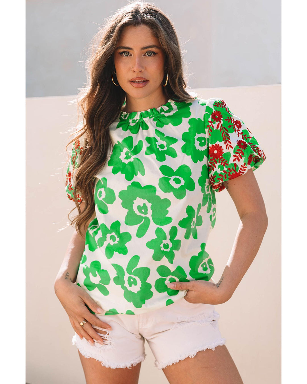 Green Contrast Embroidered Puff Short Sleeve Floral Blouse - L