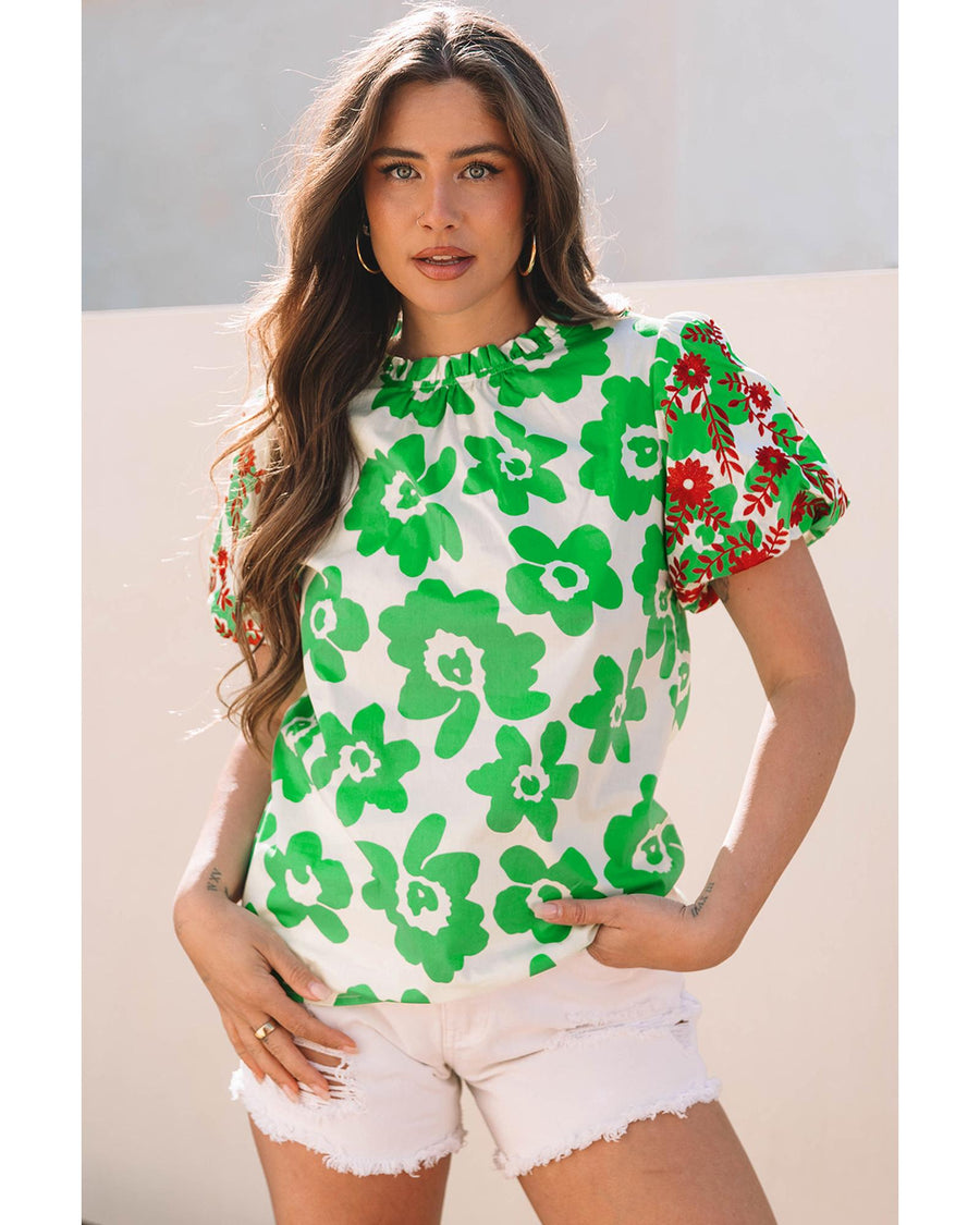 Green Contrast Embroidered Puff Short Sleeve Floral Blouse - M