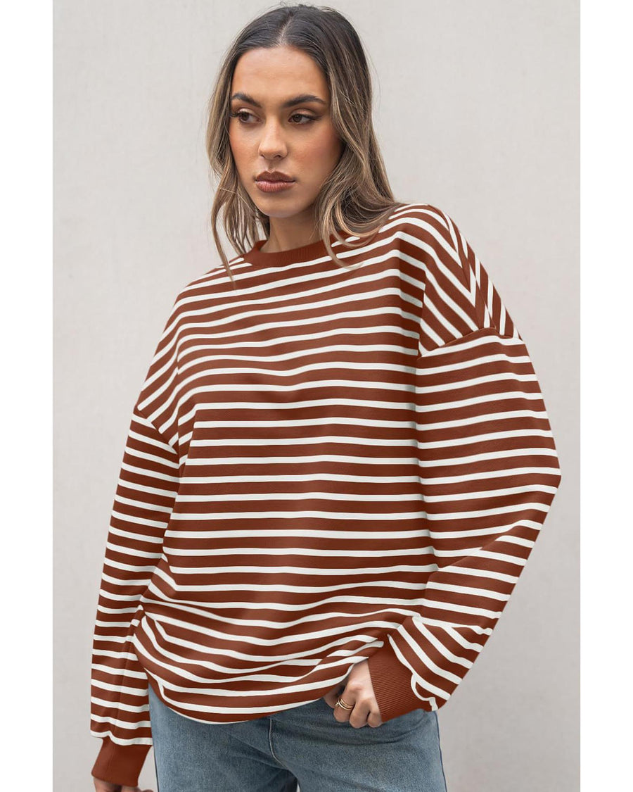 Coffee Striped Long Sleeve Round Neck Loose Top - L