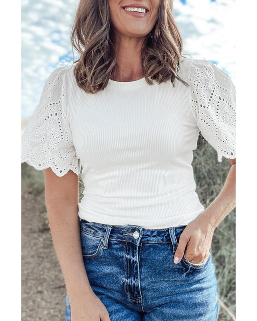 White Eyelet Pattern Short Sleeve Patchwork Ribbed Top - S