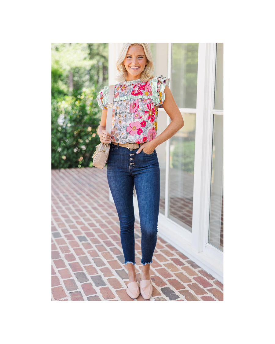 Pink Floral Print Contrast Ruffle Trim Short Sleeve Blouse - XL