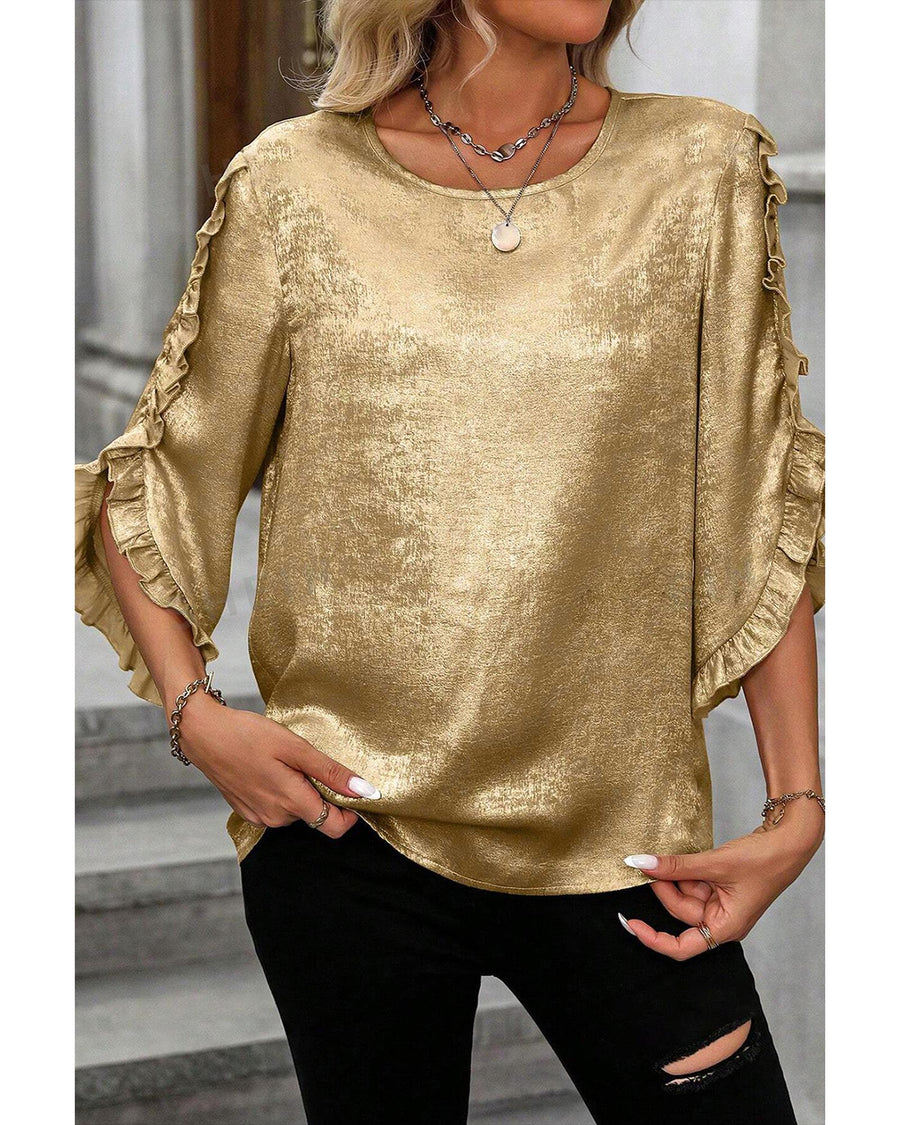 Gold Metallic Luster Frilled Half Sleeve Blouse - S