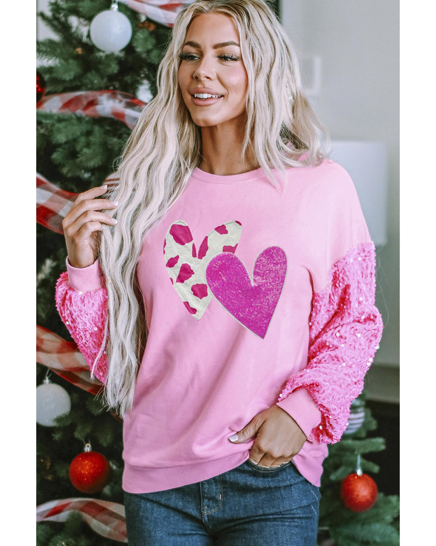 Pink Valentines Heart Graphic Sequin Patchwork Long Sleeve Top - L