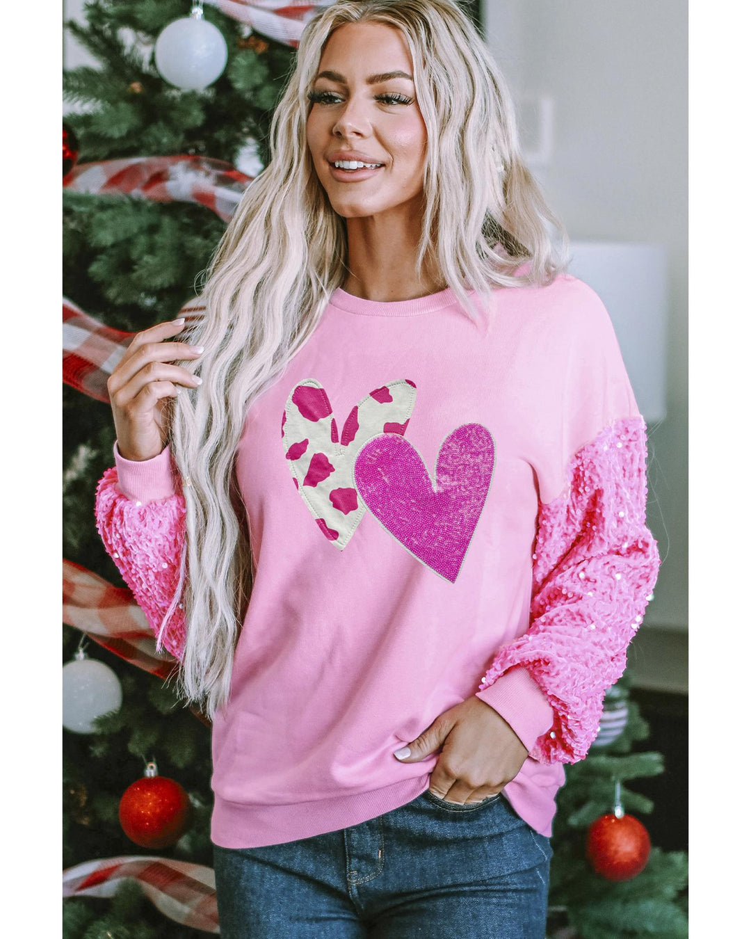 Pink Valentines Heart Graphic Sequin Patchwork Long Sleeve Top - M