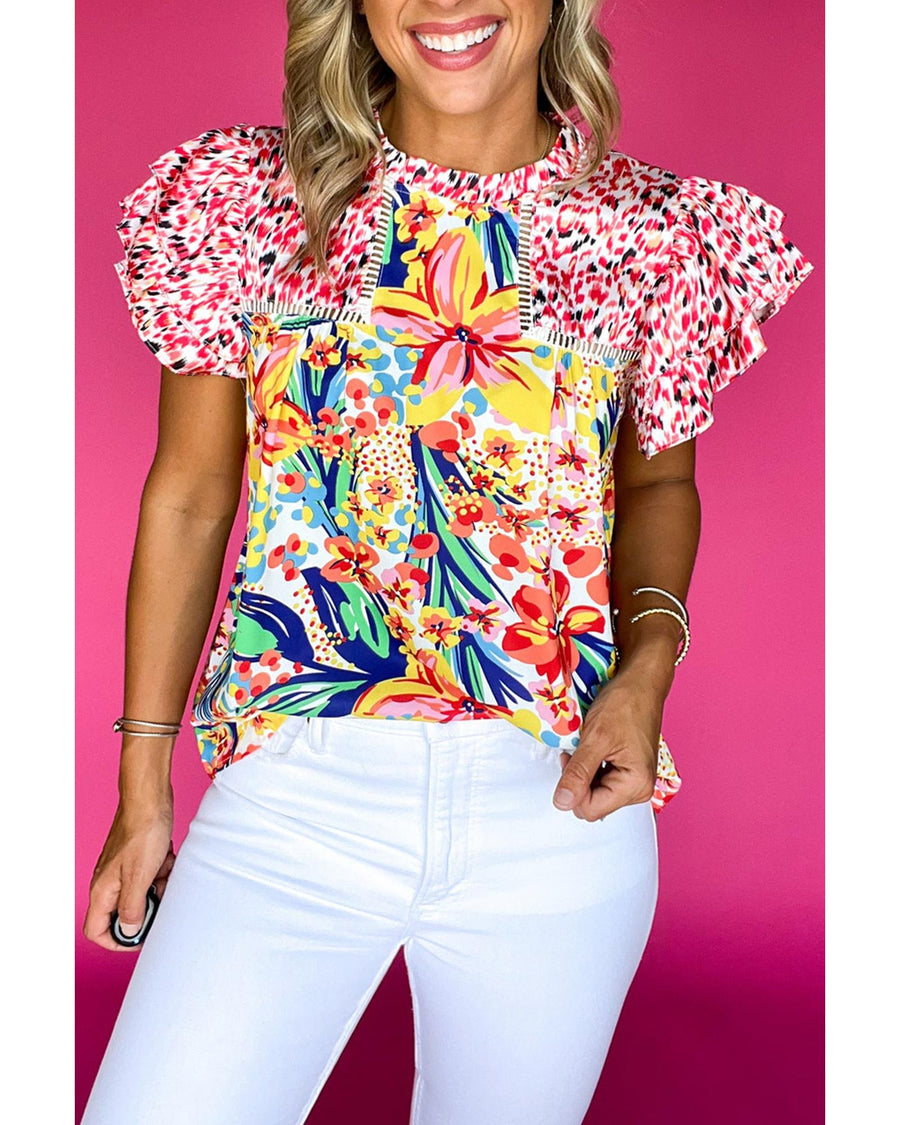 Red Floral Mixed Print Ruffle Cap Sleeve Blouse - M