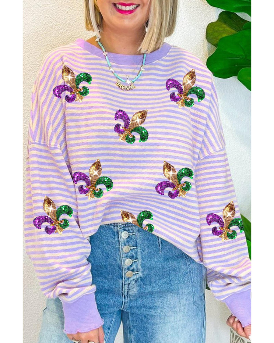 Purple Stripe Sequin Fleur de Lis Patched Pattern Long Sleeve Top - L