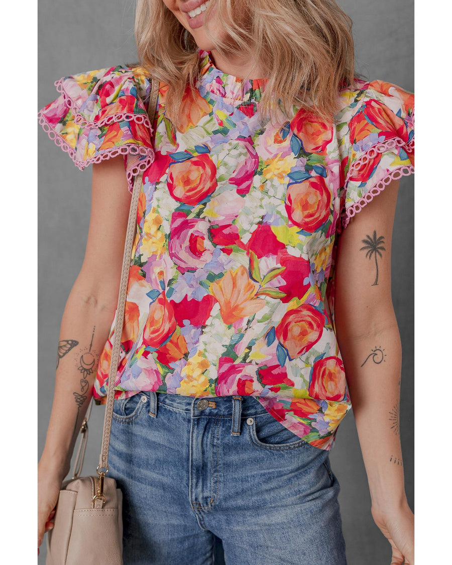 Multicolour Lace Trim Ruffle Short Sleeve Floral Blouse - L