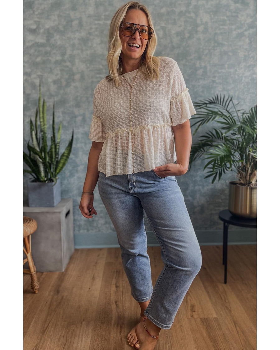 Beige Solid Color Textured Ruffled Short Sleeve Blouse - L