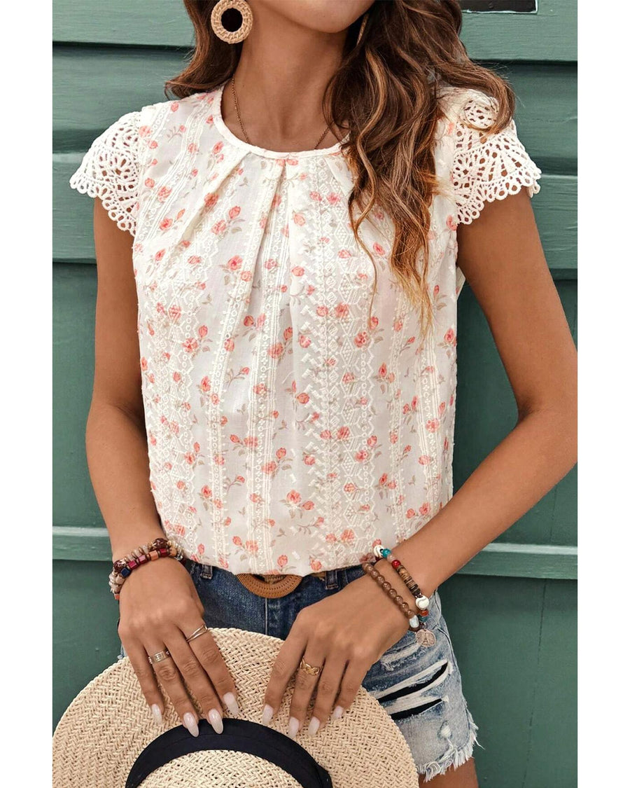 Pink Floral Print Embroidery Detail Crochet Cap Sleeve Blouse - M