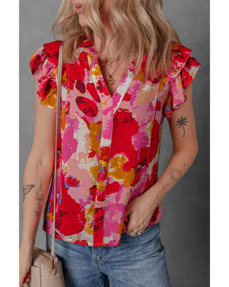 Red Abstract Print Split V Neck Ruffle Short Sleeve Blouse - L