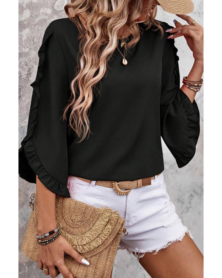 Black Ruffle Trimmed 3/4 Sleeve Round Neck Blouse - L