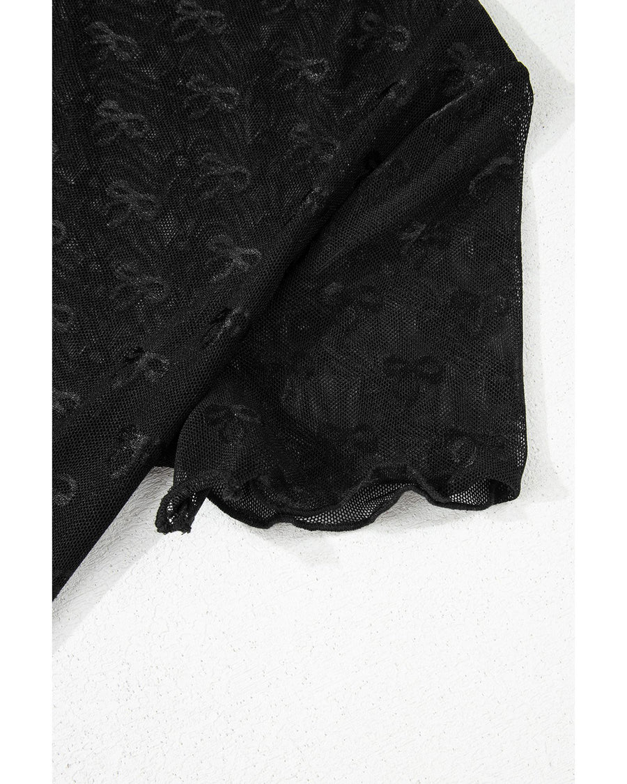 Black Bowknot Sheer Mesh Mock Neck Lettuce Trim Short Sleeve Top - L