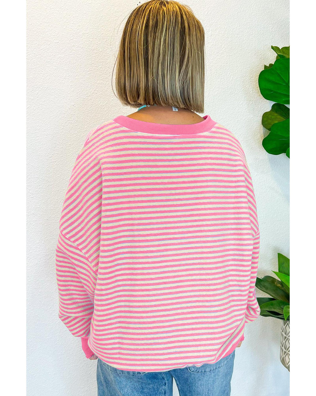 Azura Exchange Pink Stripe Santa Clause Print Drop Shoulder Long Sleeve Loose Top - M