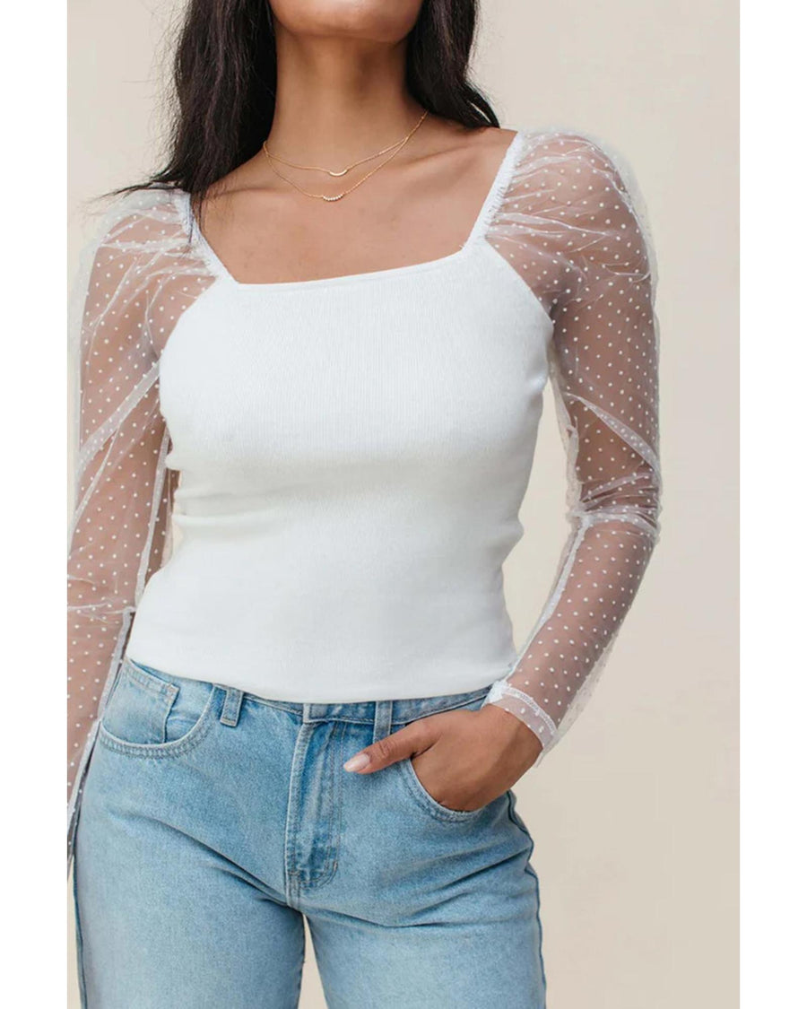 White Swiss Dot Mesh Long Sleeve Square Neck Slim Top - XL