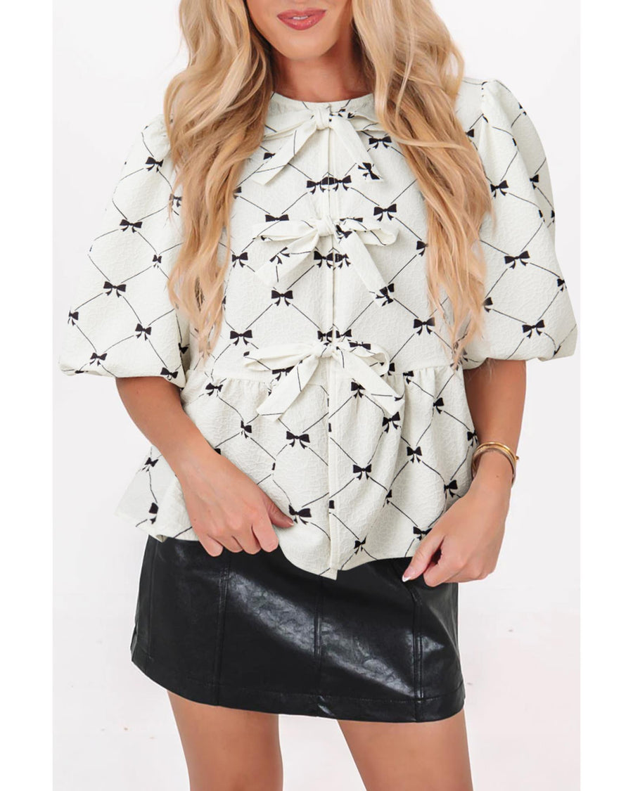 White Bowknot Print Front Knots Bubble Sleeve Blouse - M
