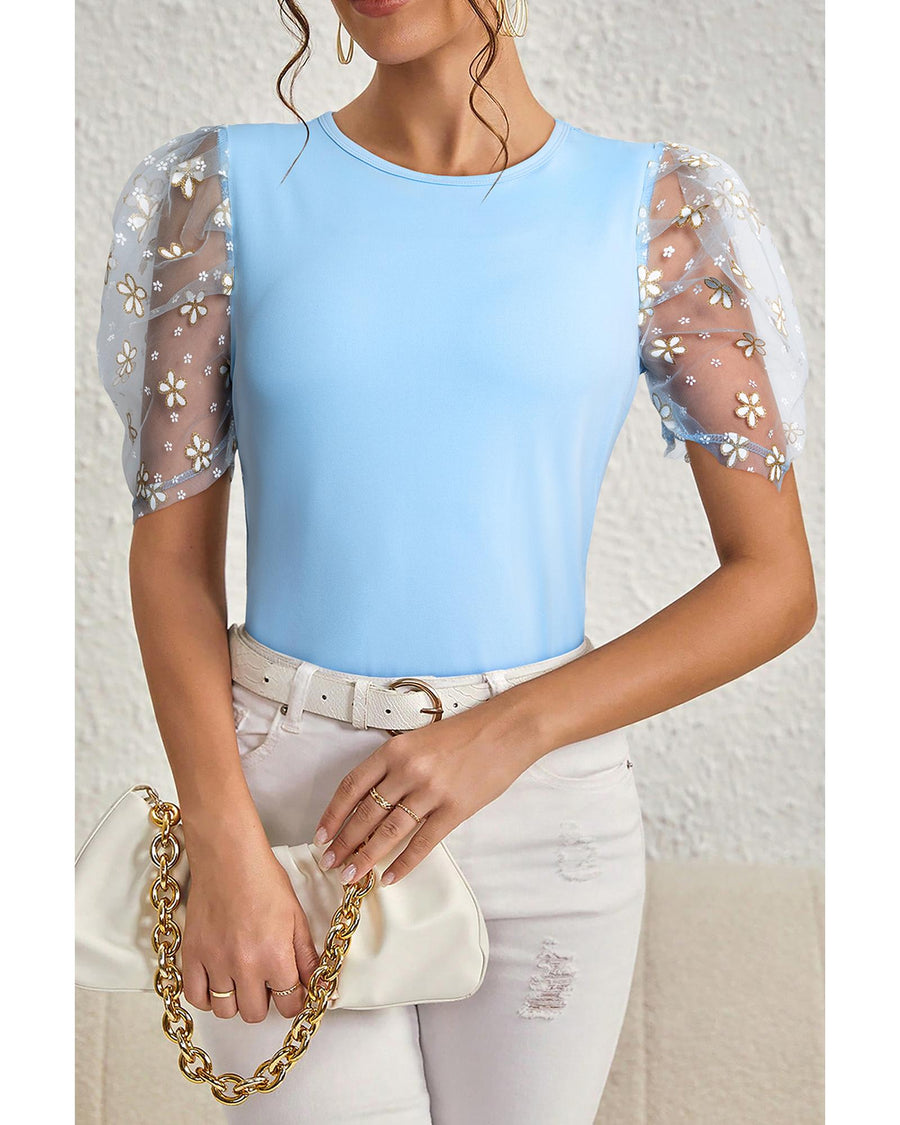Beau Blue Floral Mesh Puff Sleeve Crew Neck Top - S