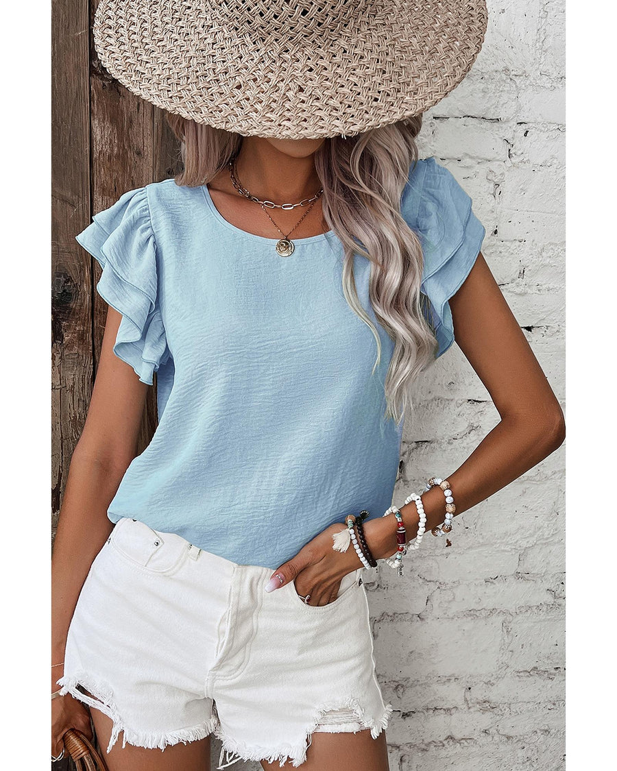 Mist Blue Solid Color Ruffled Short Sleeve Casual Blouse - L