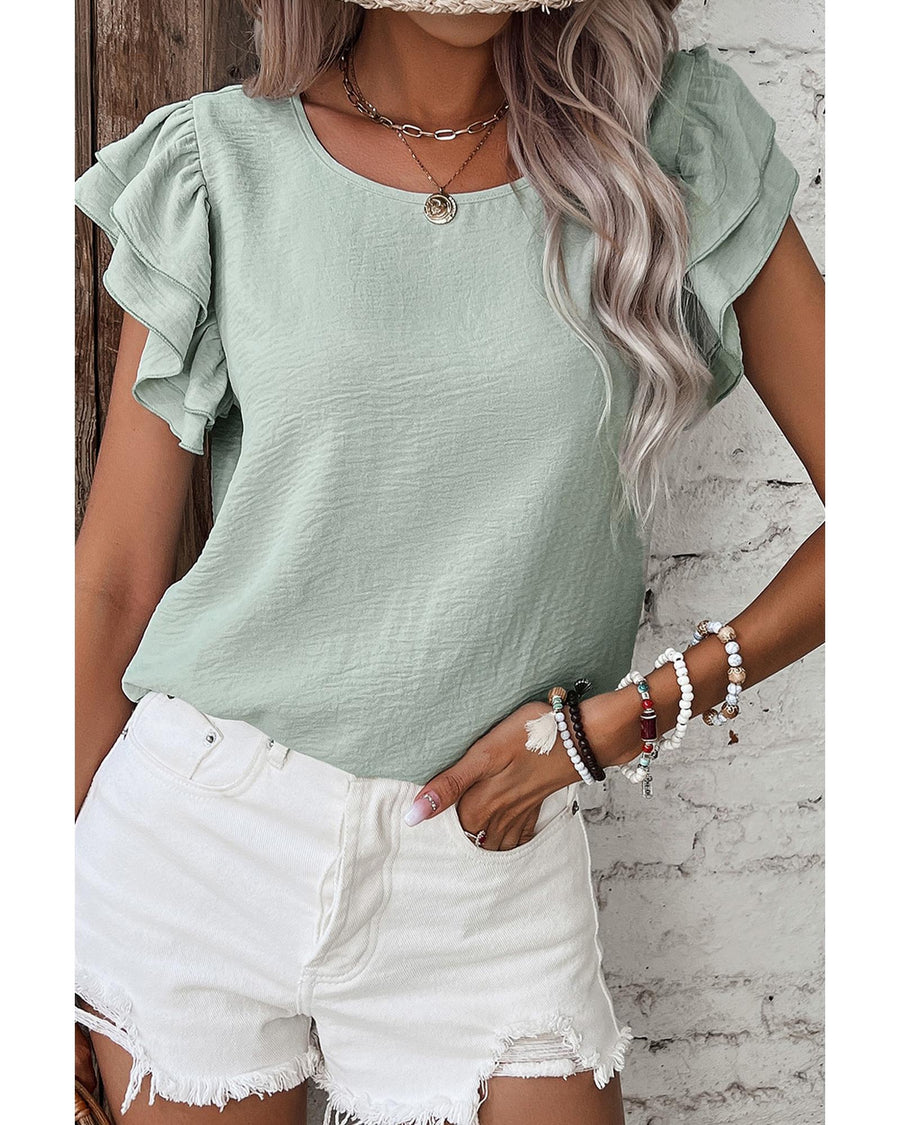 Clearly Aqua Solid Color Ruffled Short Sleeve Casual Blouse - M