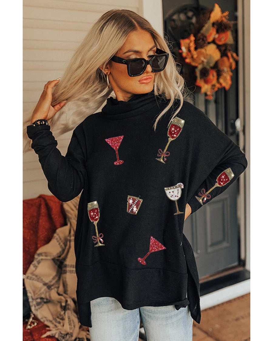 Black Drinks Patched Graphic Dolman Sleeve High Neck Split Top - M