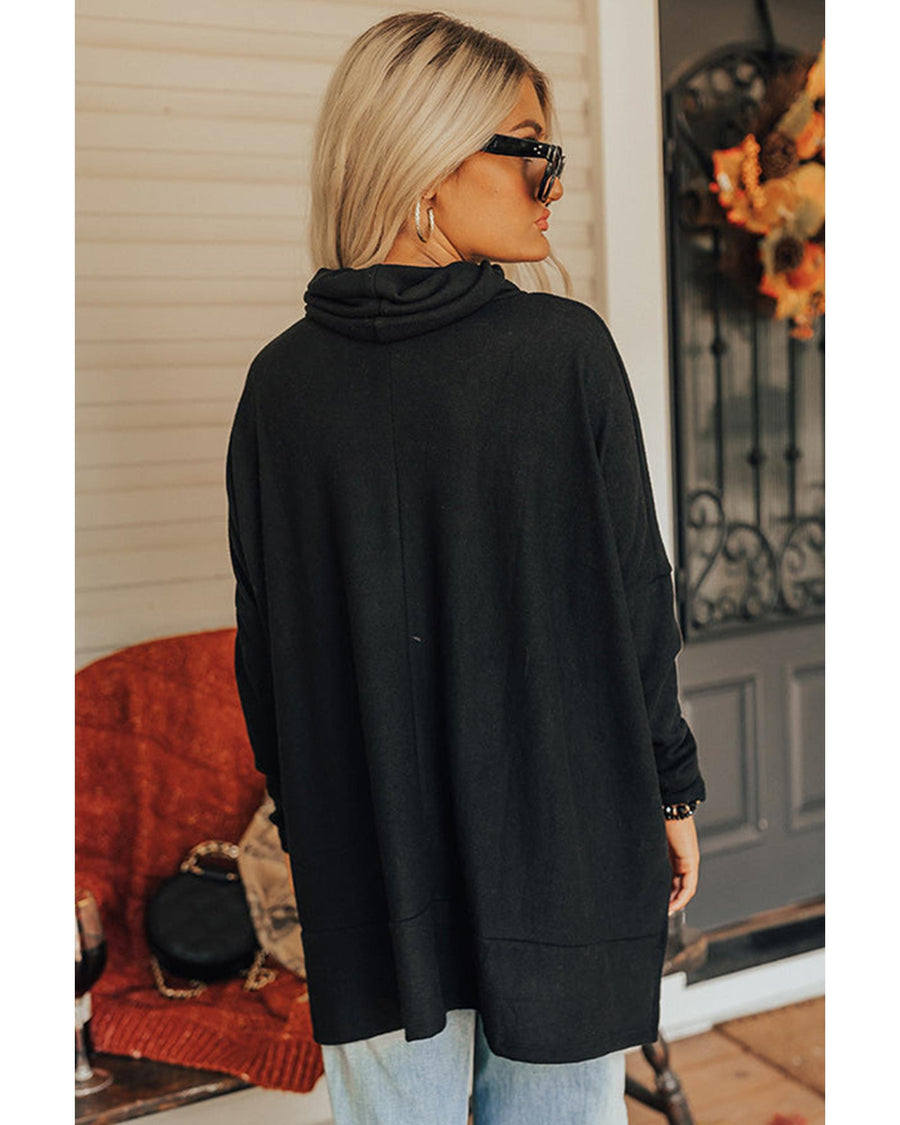 Black Valentines Chenille Heart Patched Dolman Sleeve High Neck Split Top - S