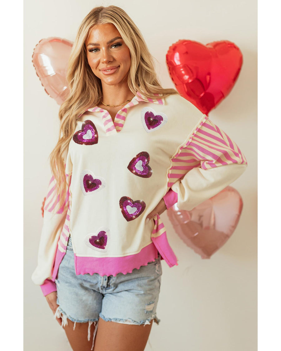 Pink Stripe Patchwork Sequin Heart Pattern Long Sleeve Collared Split Top - XL