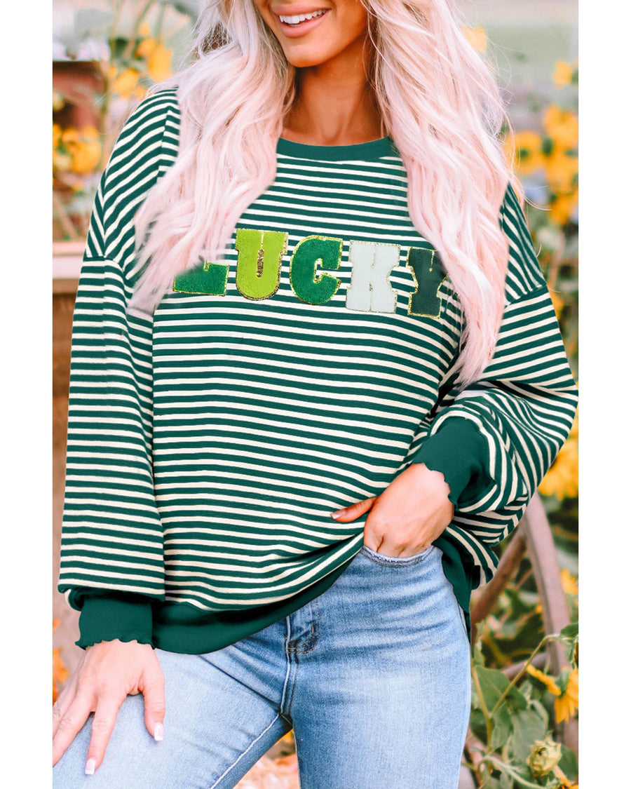 Green Stripe Chenille LUCKY Patched Pattern St Patrick Long Sleeve Top - M