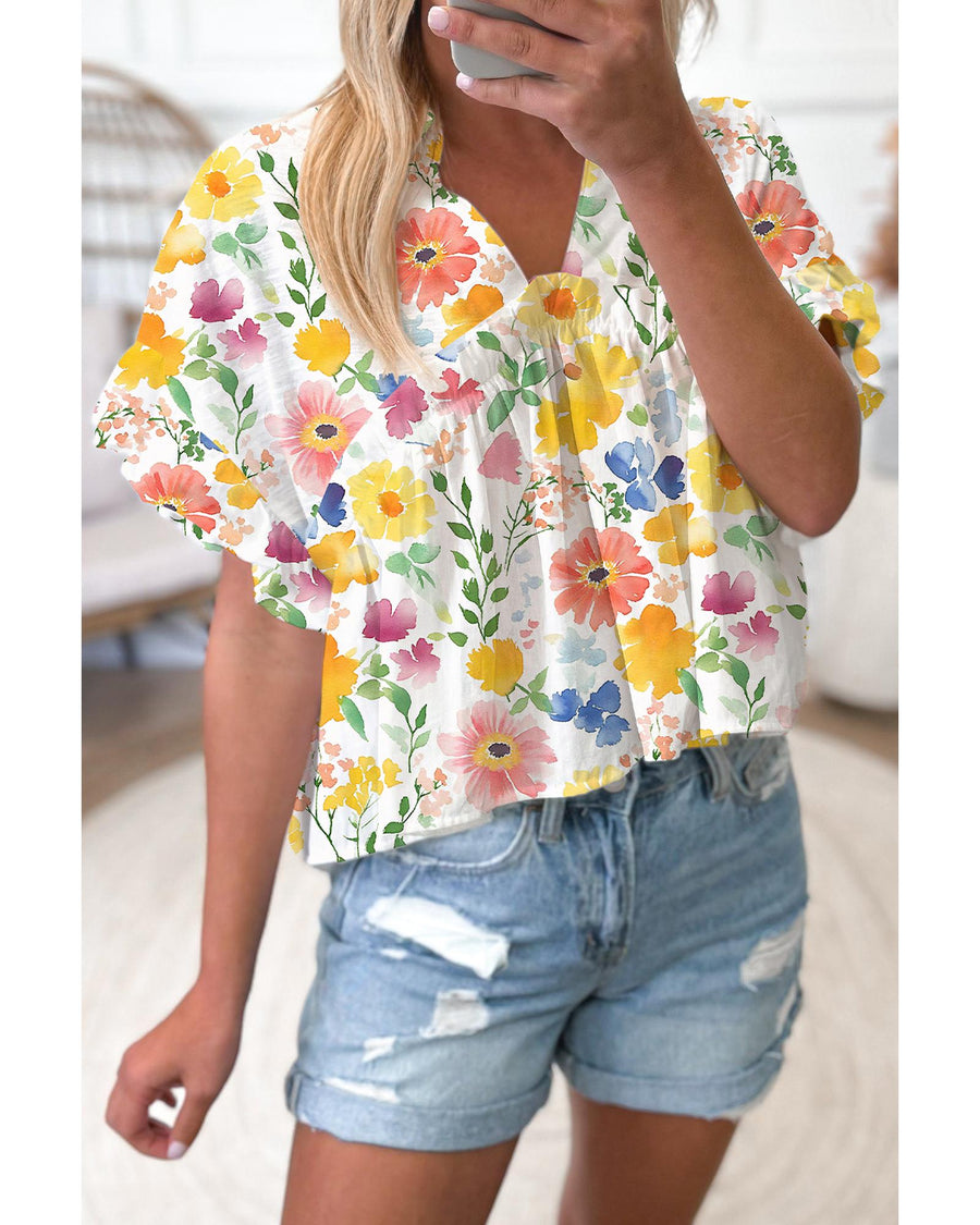 Yellow Floral Boxy Fit Ruffled Short Sleeve V Neck Blouse - L
