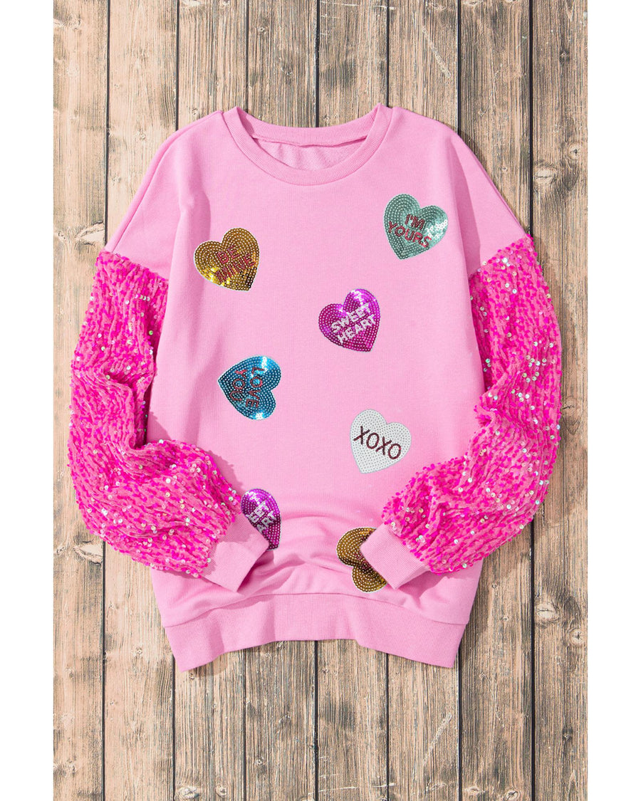 Pink Valentine Shiny Slogan Heart Sequin Sleeve Patchwork Pullover Top - M