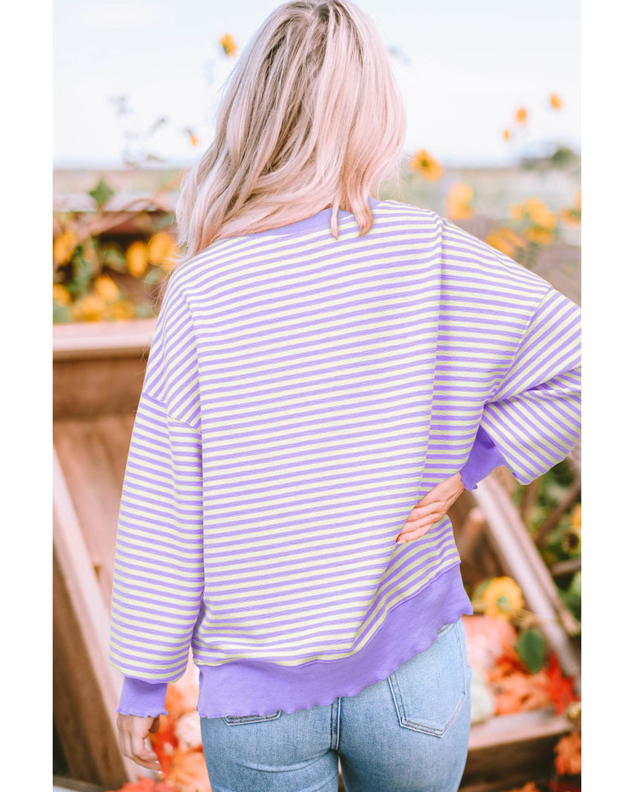 Purple Stripe mardi gras Sequin Patched Graphic Drop Shoulder Top - L