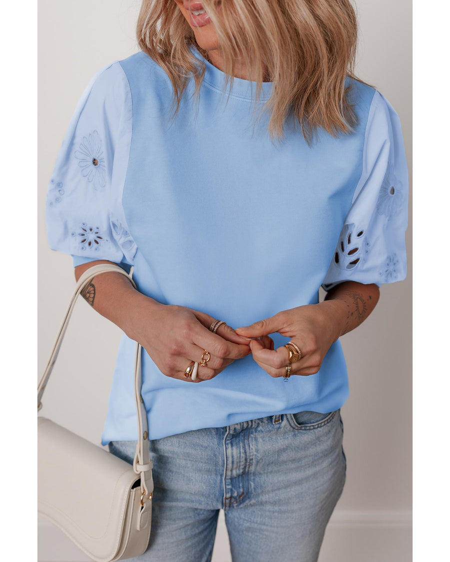 Beau Blue Eyelet Flower Embroidered Puff Short Sleeve Patchwork Crew Neck Blouse - L
