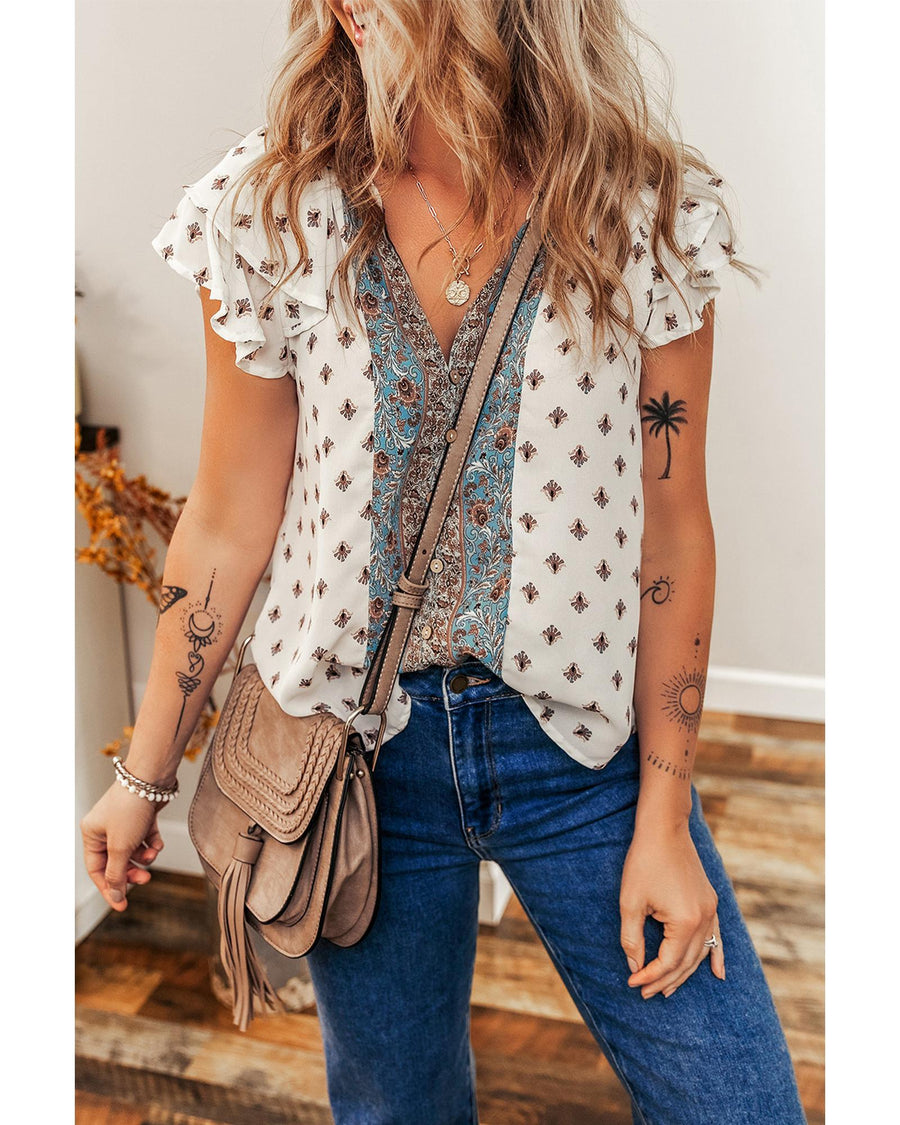 White Boho Pattern Tiered Ruffled Sleeve V Neck Buttoned Blouse - S
