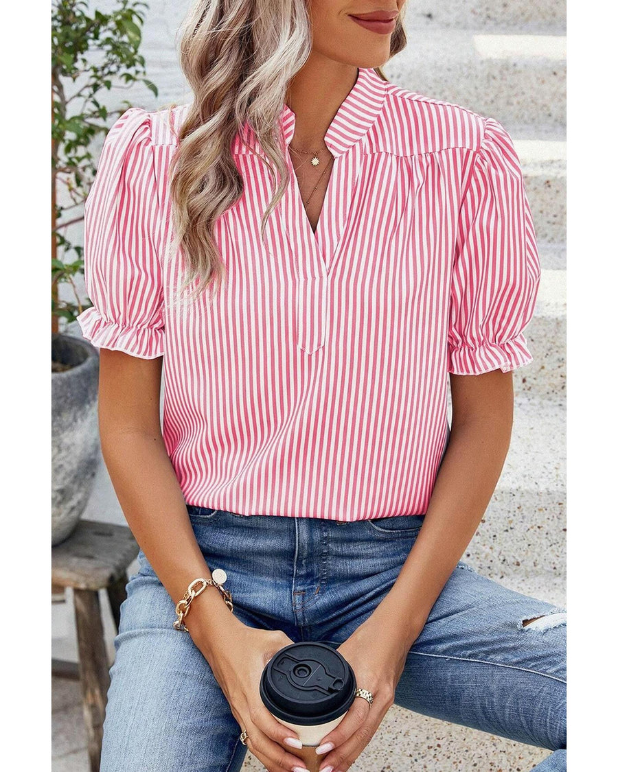 Pink Stripe Notched Neck Frilled Short Puff Sleeve Blouse - XL