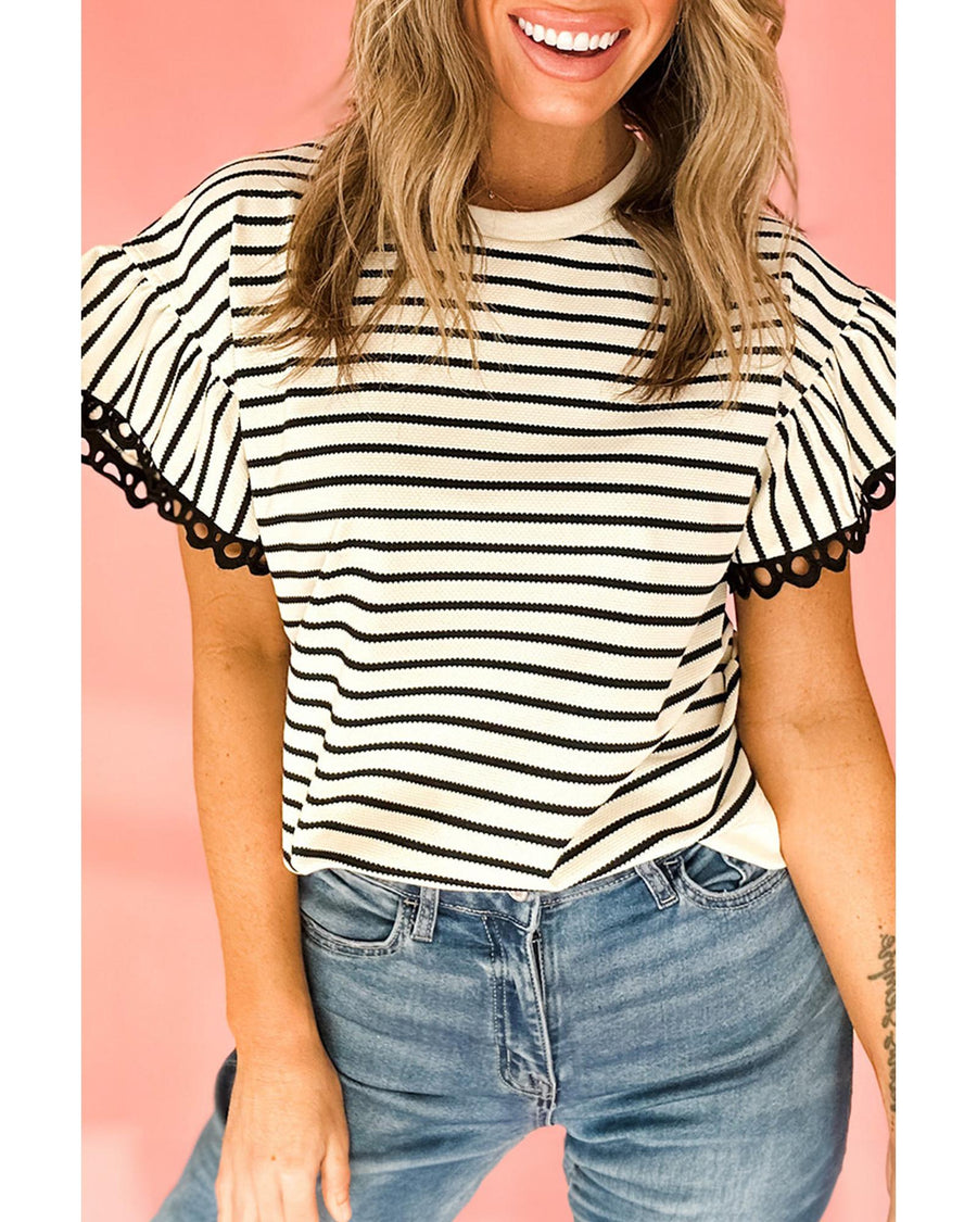 Black Stripe Scallop Lace Trim Ruffle Short Sleeves Crewneck Top - M