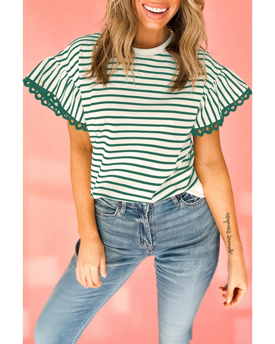 Green Stripe Scallop Lace Trim Ruffle Short Sleeves Crewneck Top - L