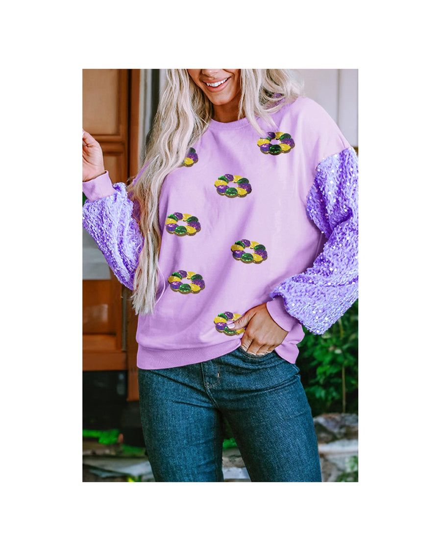 Orchid Petal Mardi Gras Doughnut Graphic Sequin Patchwork Long Sleeve Top - L