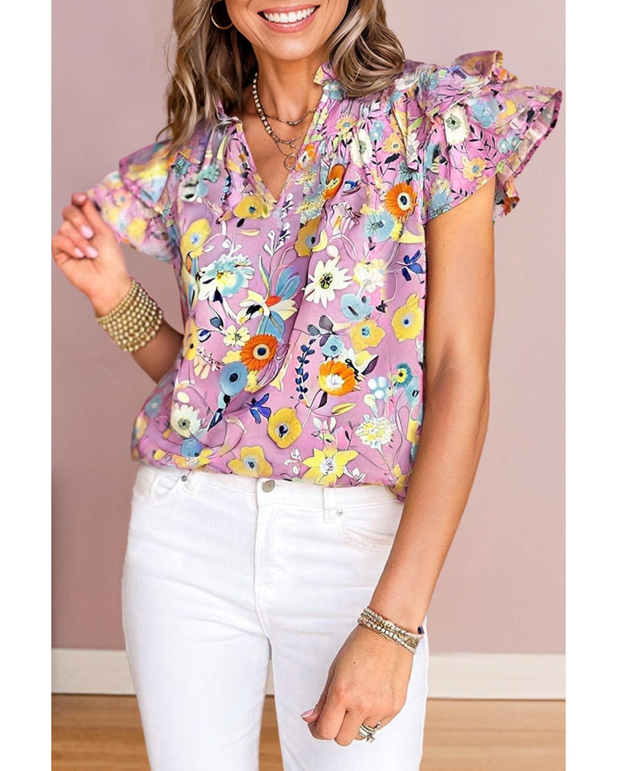 Pink Flutter Sleeve V Neck Floral Top - L