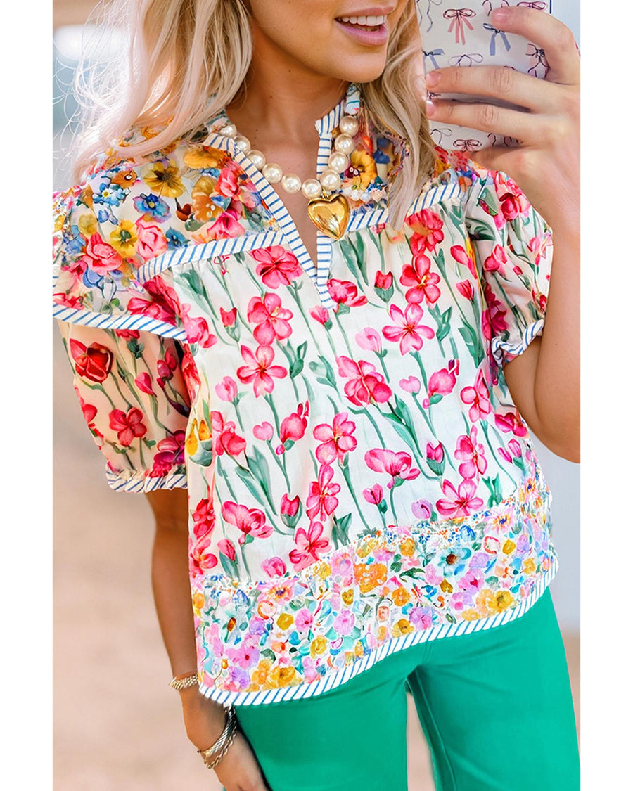Pink Floral Print Striped Detail Split Neck Short Sleeve Blouse - XL