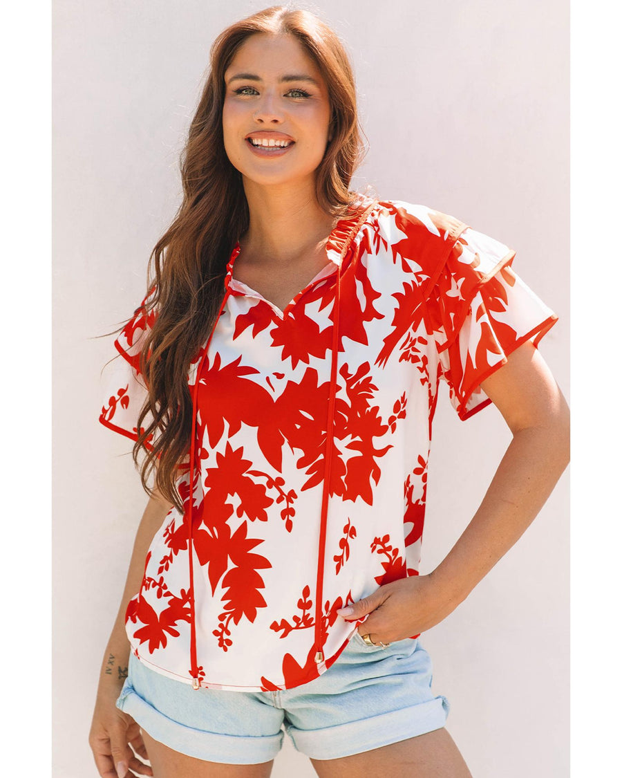 Red Plant Print Tiered Ruffled Sleeve V Neck Blouse - XL