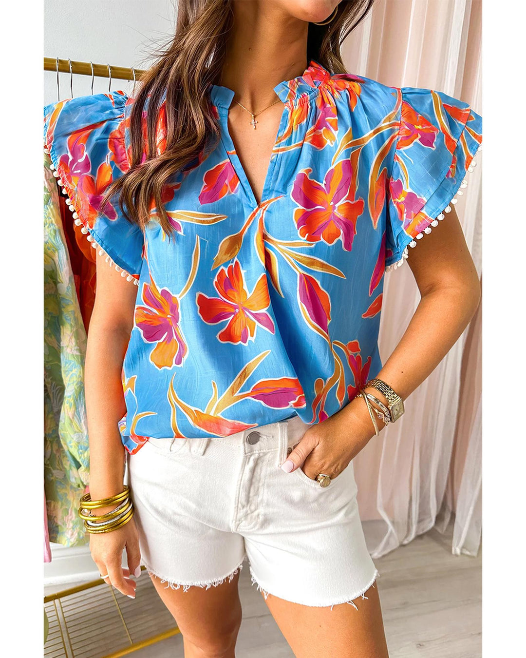 Sky Blue Floral Print V Neck Pompom Trim Flutter Sleeve Blouse - M