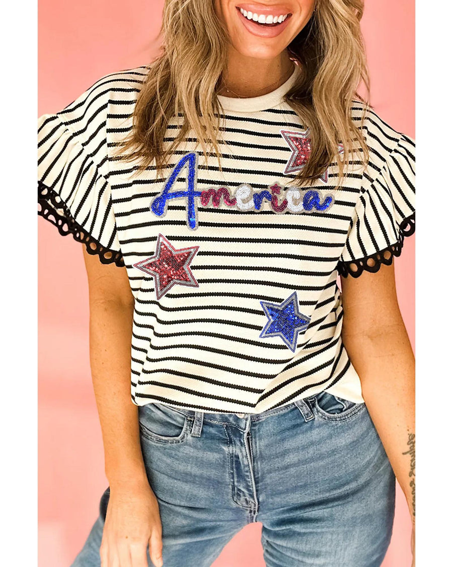 Black Stripe Sequin America Star Graphic Ric Rac Flutter Sleeve Blouse - L
