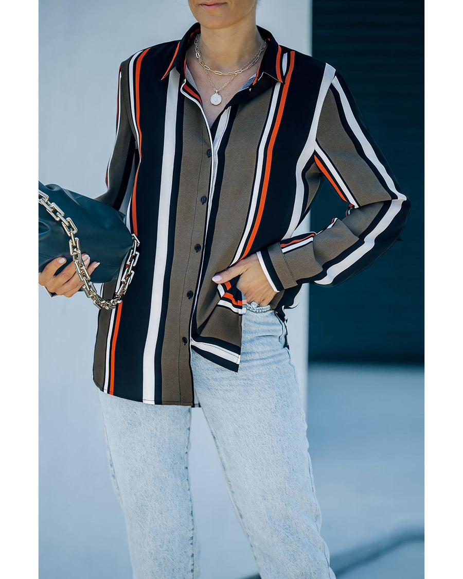 Black Brown Striped Modern Women Shirt - M