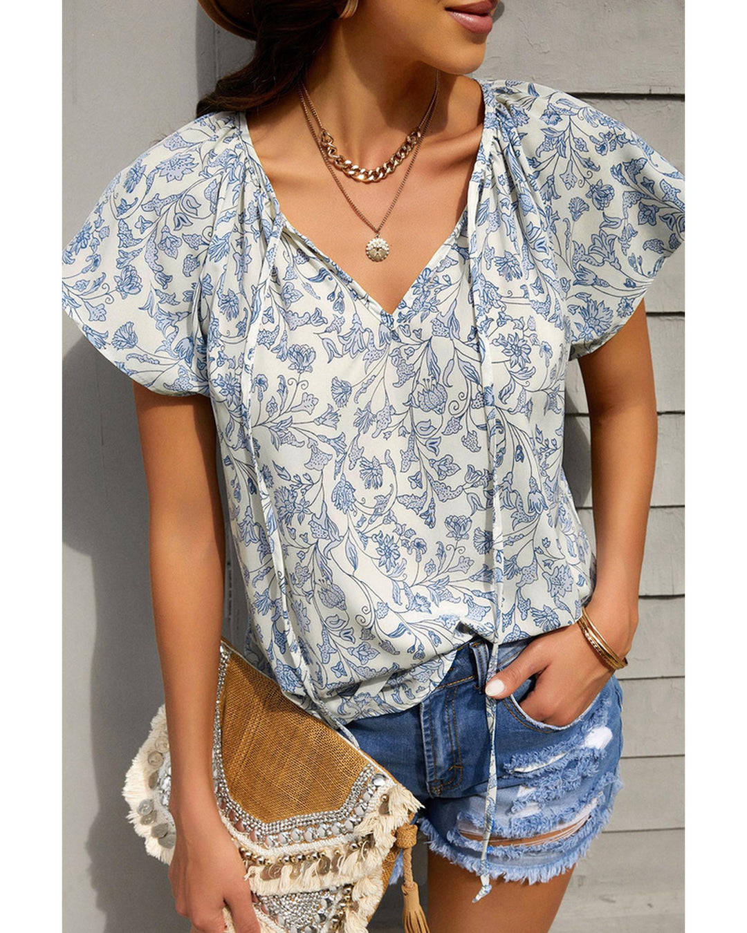 Azura Exchange Print Fluttering V-neck Blouse - XL