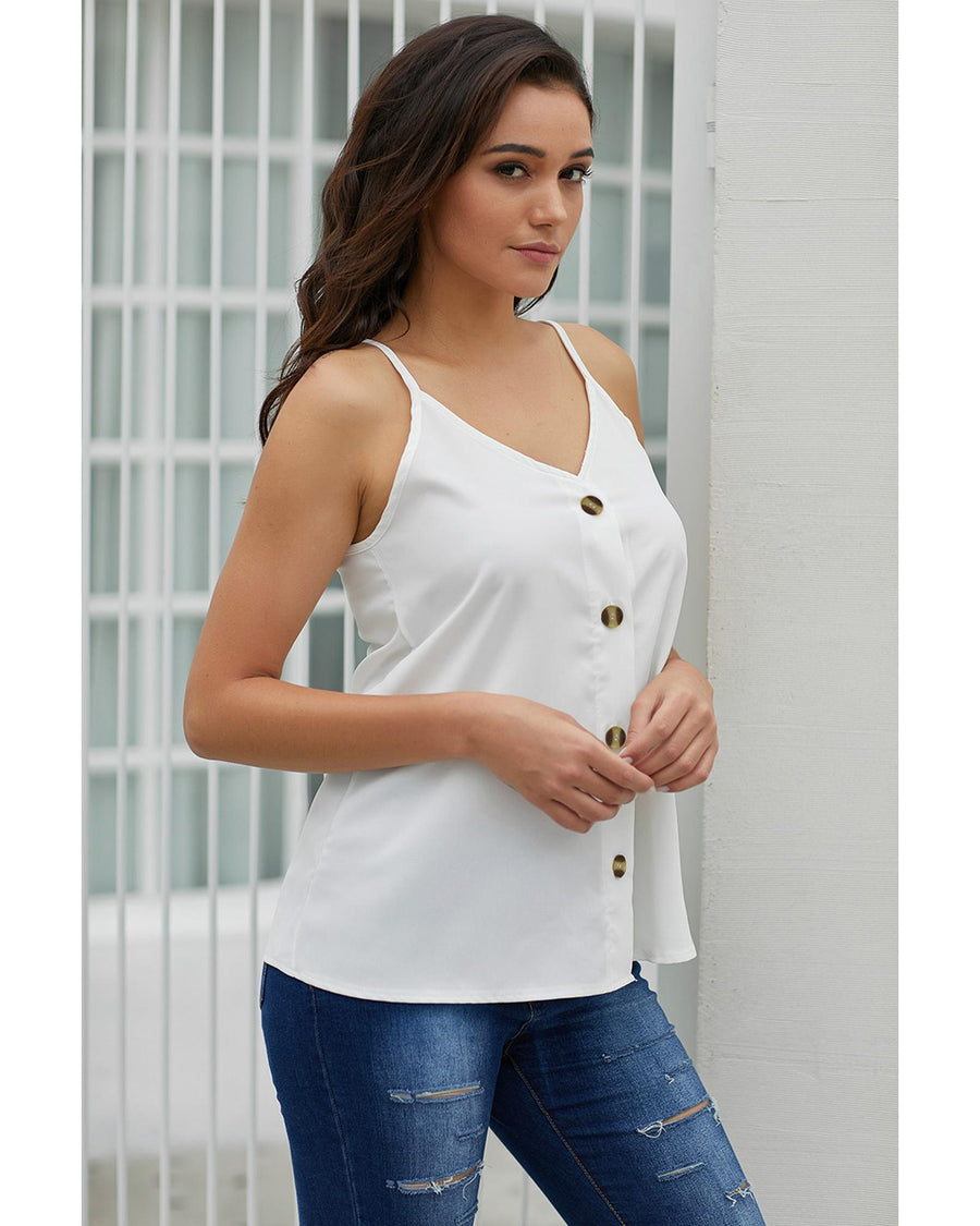 White Spaghetti Strap Buttoned Tank Top - S