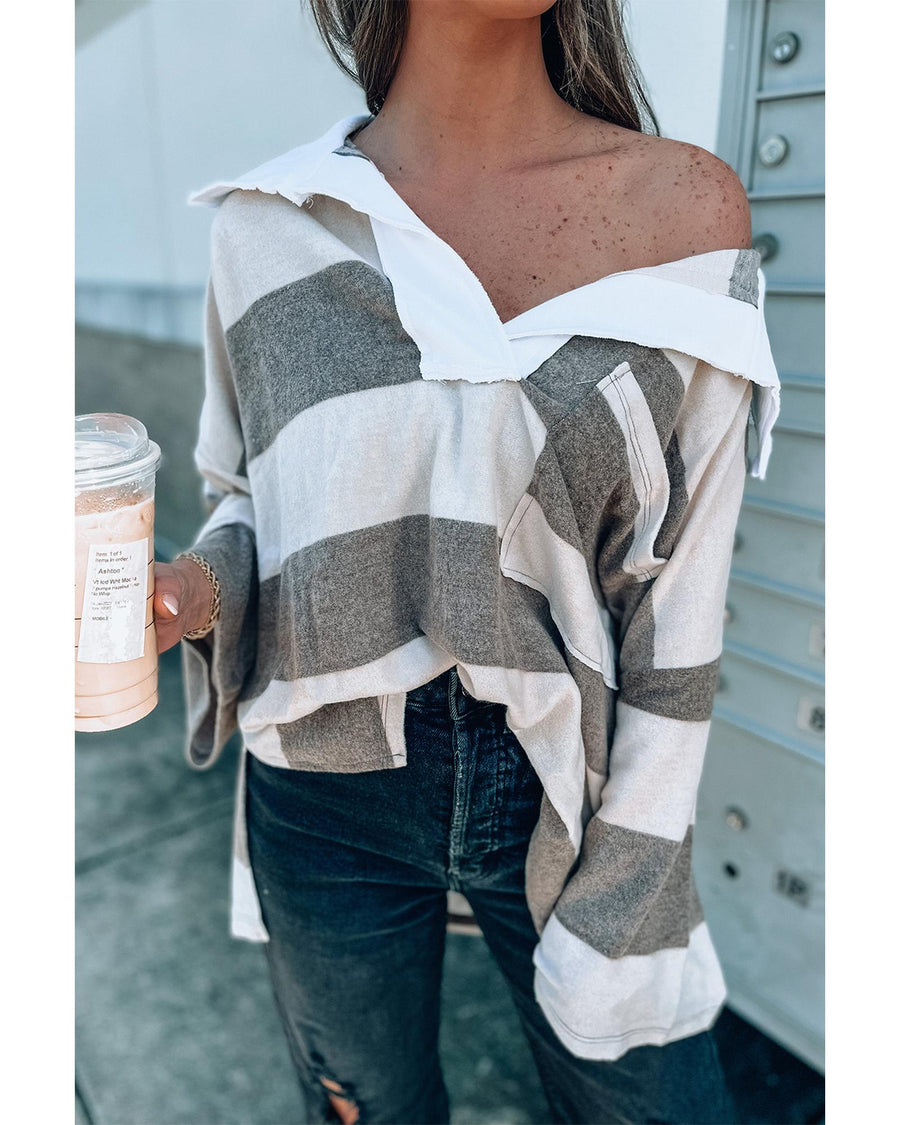 Stripe Oversized Collared Long Sleeve Top - L