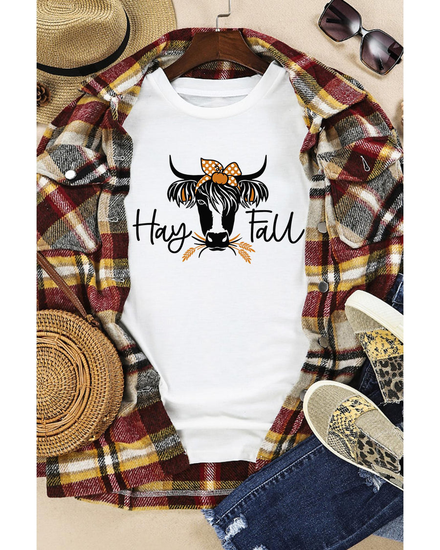 White Hay Fall Cow Head Graphic Tee - M
