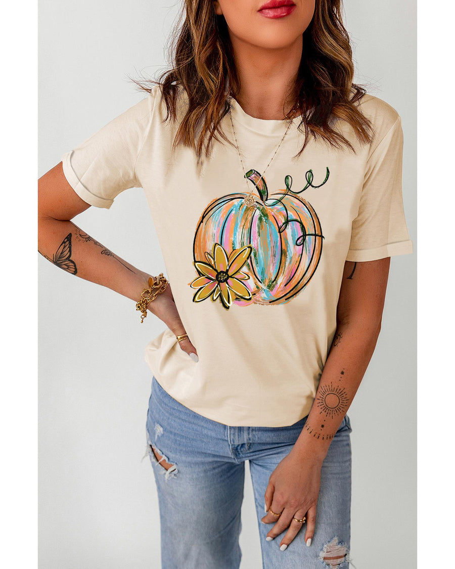 Khaki Pumpkin with Flower Graphic T Shirt - 2XL