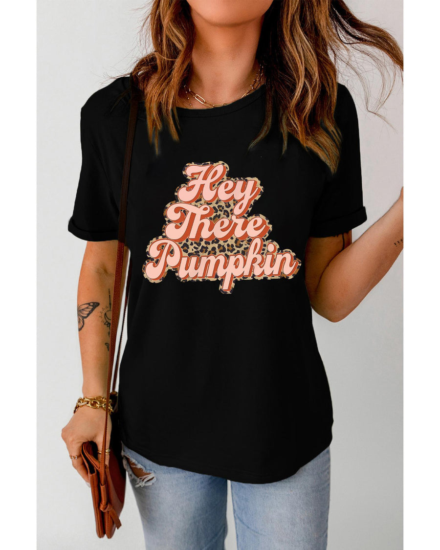 Black Hey There Pumpkin Leopard Graphic Tee - L